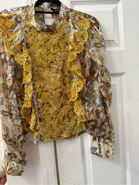 Zara Yellow Lace-Front Floral Print Blouse